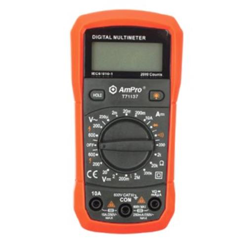 AmPro Digital Multimeter with ergonomic design, shock-proof holster, backlight, and measures up to 600V and 10A.