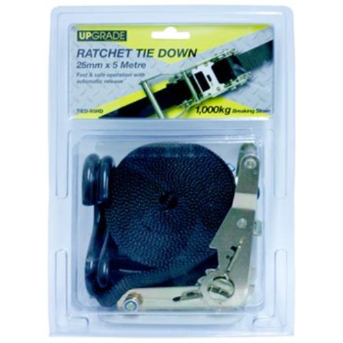 Heavy-duty ratchet tie-down strap, 25mm x 5m, 1000kg strain for secure cargo transport of bikes, trucks, and boats.