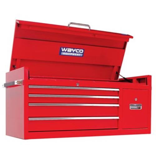 Wayco Tool Chest with 4 drawers and side cabinet, red finish, ideal for organized tool storage in garages and workshops.