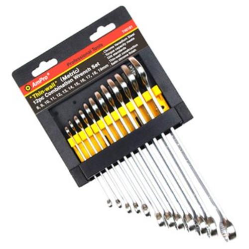 AmPro 12pc combination wrench set, 8-19mm, with satin chrome finish, thin-wall design, and 15-degree offset for tight access.