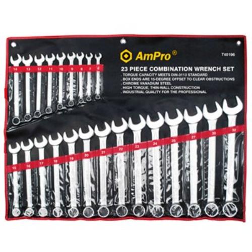 AmPro 23pc Combination Wrench Set with durable satin chrome finish, 6-32mm sizes, thin-wall design for tight access.
