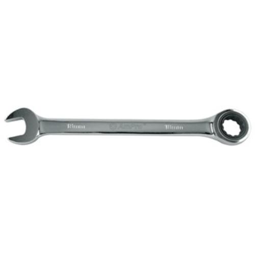 AmPro 18mm geared wrench with mirror finish, 72-tooth design for precision and grip on fasteners. Durable Chrome Vanadium steel.