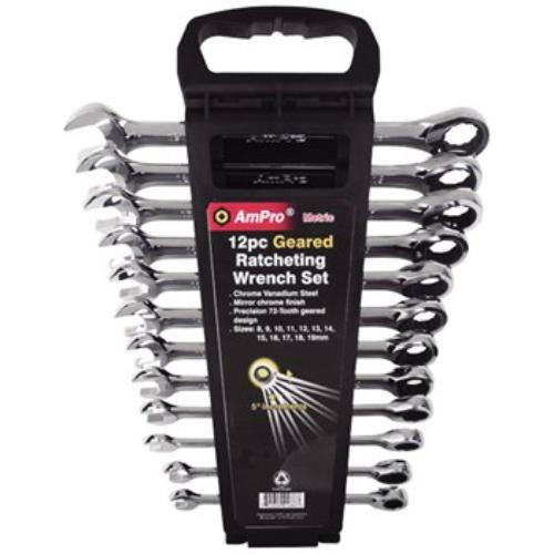 AmPro 12-piece geared wrench set in mirror finish, chrome vanadium steel, 72-tooth for tight spaces, sizes 8-19mm.