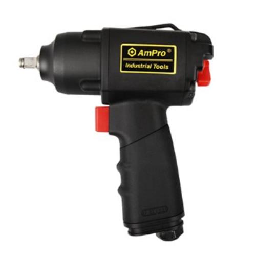 AmPro Air Impact Wrench with 3/8" drive features a durable composite body, twin hammer mechanism, and bottom exhaust for efficient use.