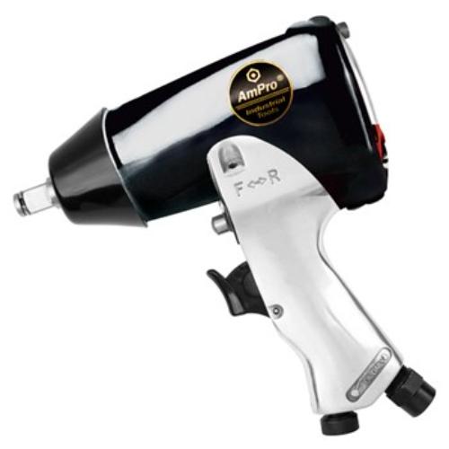 Ampro A3641 Air Impact Wrench: 1/2" drive, 230 Ft-Lb torque, built-in regulator, and protective vinyl boot for durability.