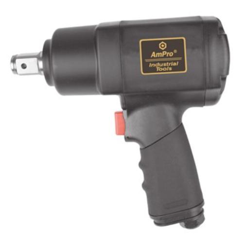 AmPro 3/4" air impact wrench with twin hammer, lightweight design, 1,000 ft-lbs torque, and bottom exhaust for clean workspace.