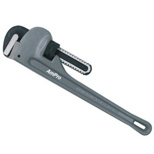 Lightweight 450mm aluminium pipe wrench with heat-treated steel jaws for durable, secure grip on pipes and fittings.