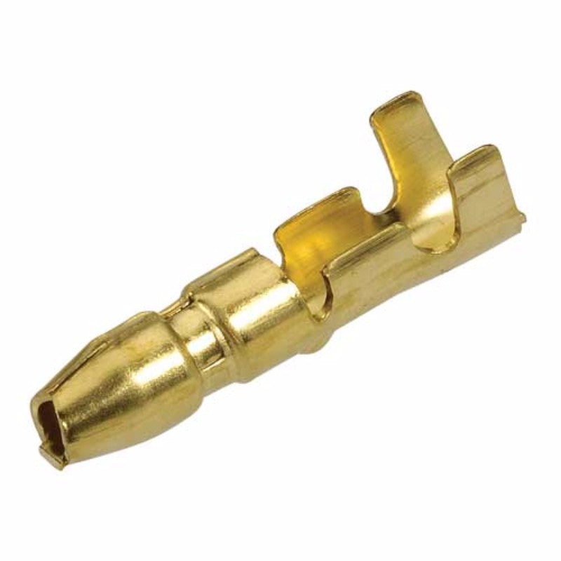 Non-insulated brass male bullet terminal, 5mm diameter, suitable for 4mm wire size connections.