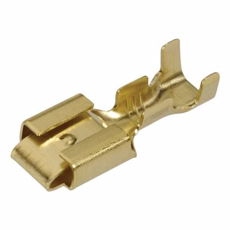 Pack of 100 non-insulated brass female terminals with locking tang, suitable for 1-4mm wire connections.