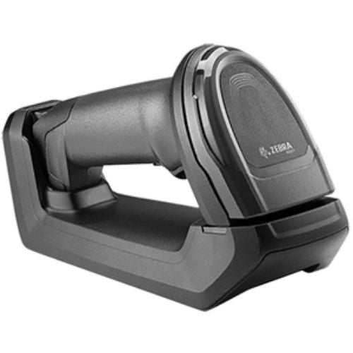Zebra DS8178-SR handheld barcode scanner in black with FIPS cradle, featuring wireless 1D/2D scanning for retail efficiency.
