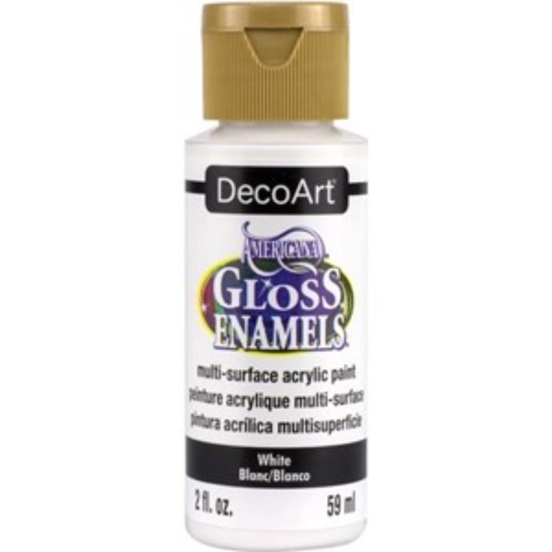 Americana Gloss Enamel 2oz (Snow) White paint in a shiny, versatile, water-based formula, ideal for arts and crafts projects.