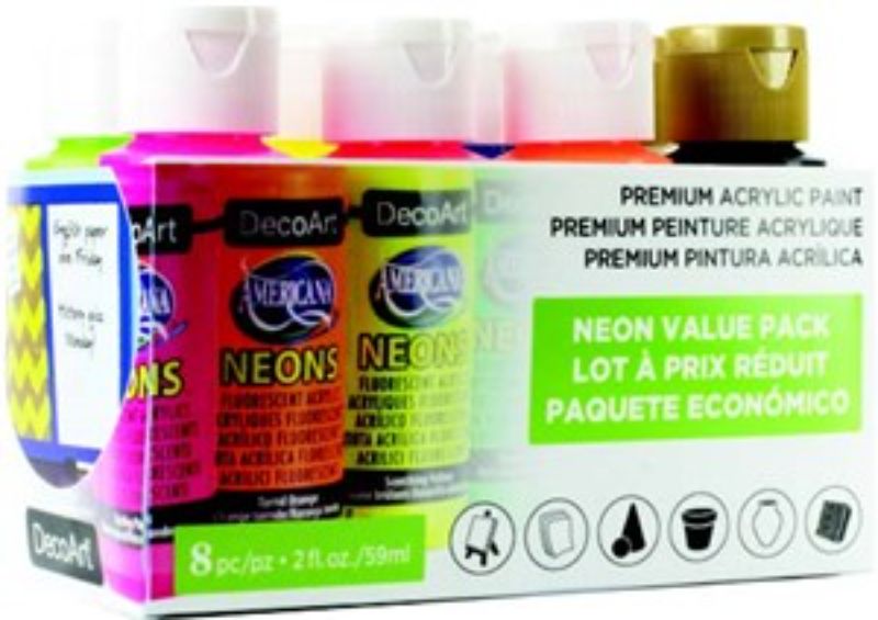 Colorful 8-pack of Decoart Americana Neons acrylic paints in squeeze bottles, ideal for vibrant DIY projects and crafts.