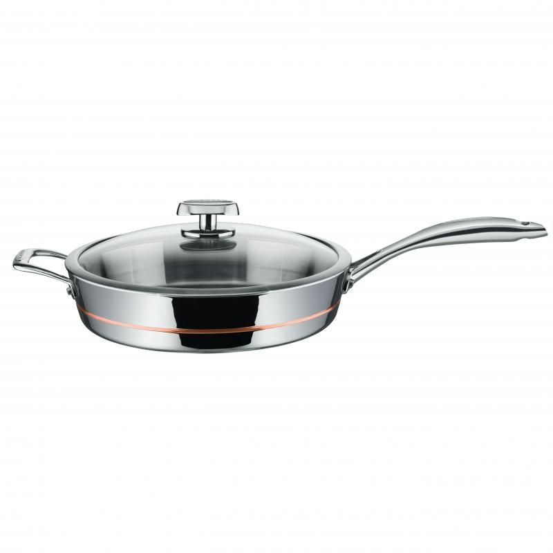 32cm SCANPAN Axis Chefs/Sauté Pan with copper core, stainless steel body, dome lid, and ergonomic handle for even cooking.