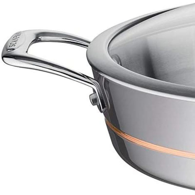 Scanpan Axis 32cm chef's sauté pan with copper core, stainless steel body, and dome glass lid for even cooking.