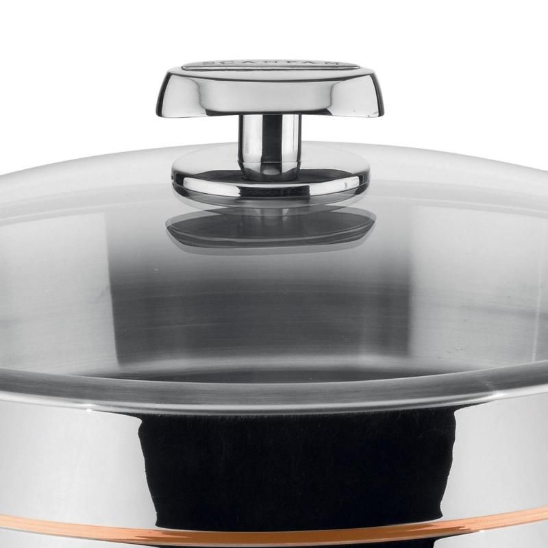 32cm SCANPAN Axis Chef's/Sauté Pan features a copper core, stainless steel body, dome glass lid, and ergonomic handle.