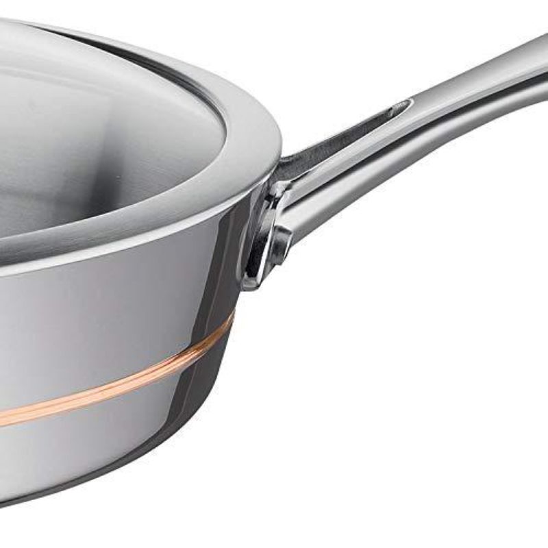 32cm SCANPAN Axis Chef's/Sauté pan features copper core for even heat, stainless steel body, dome glass lid, and ergonomic handle.