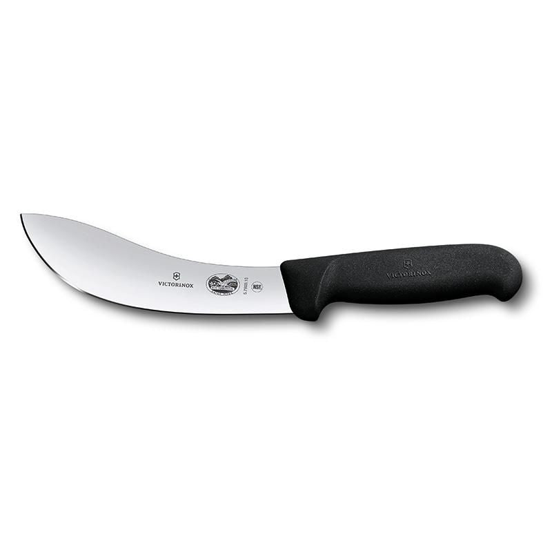 Victorinox 15cm skinning knife in black, featuring a high carbon stainless steel blade and ergonomic skid-resistant handle.