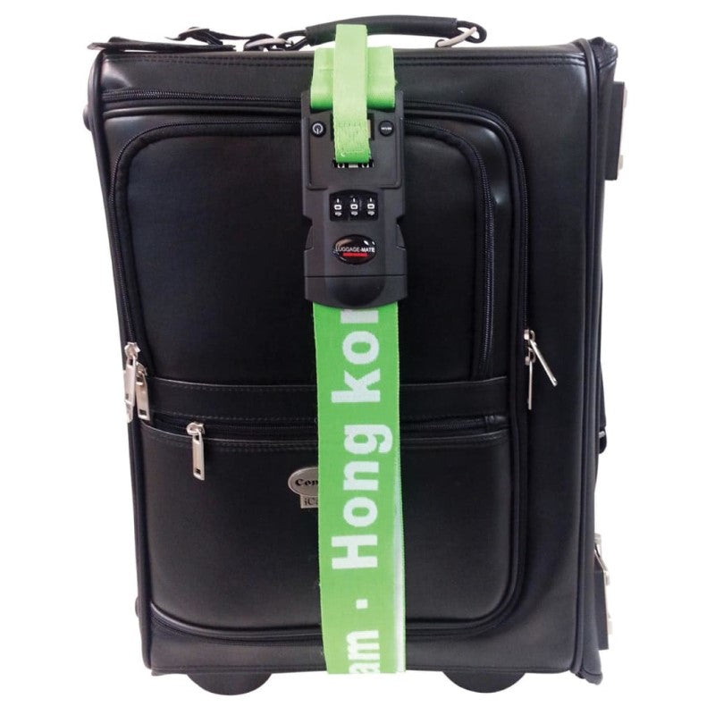 GDESIGN GREEN LUGGAGE STRAP WHITE CITY NAMES