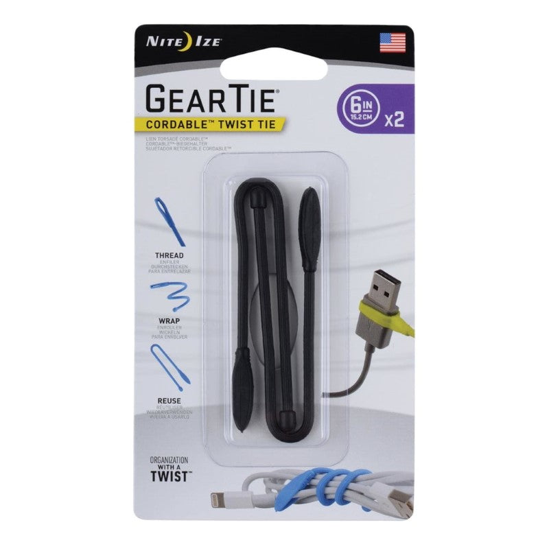 NITE IZE GEAR TIE CORDABLE TWIST TIE 6 INCHES 2PK BLACK