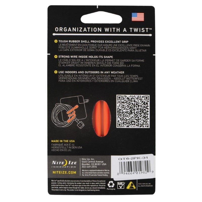 NITE IZE GEAR TIE REUSE RUB-TWST 6IN 2PK ORANGE