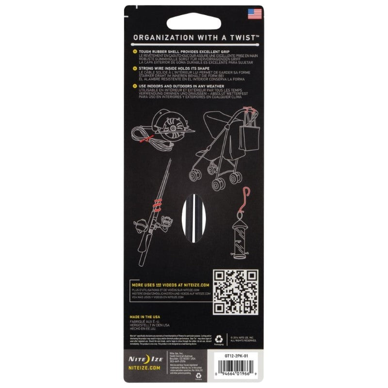 NITE IZE GEAR TIE REUSE. RUB-TWST TIE 12" 2PK BLK