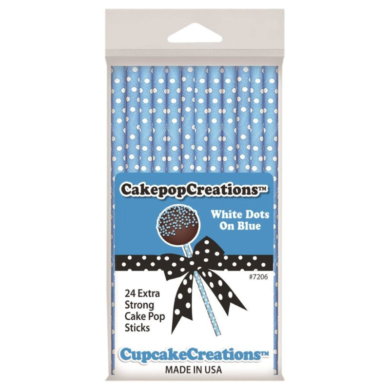 CUP CAKE CREATION 7206 15CM CAKEPOP STICK WHT/DOTS BLU24PC