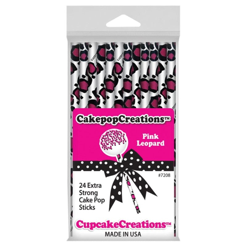 CUP CAKE CREATION 7208 15CM CAKEPOP STKS PINK LEOPARD 24PC