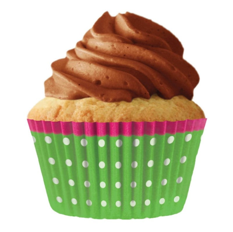 CUP CAKE CREATION STD GREEN DOTS PINK TRIM CUPCAKES 32PCS