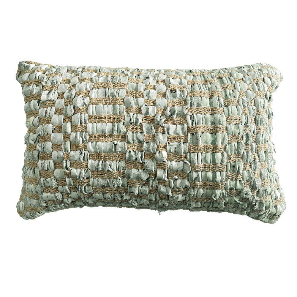 Cushion - LISMORE LIMESTONE BLUE LEATHER AND JUTE CUSHION 30X50CM