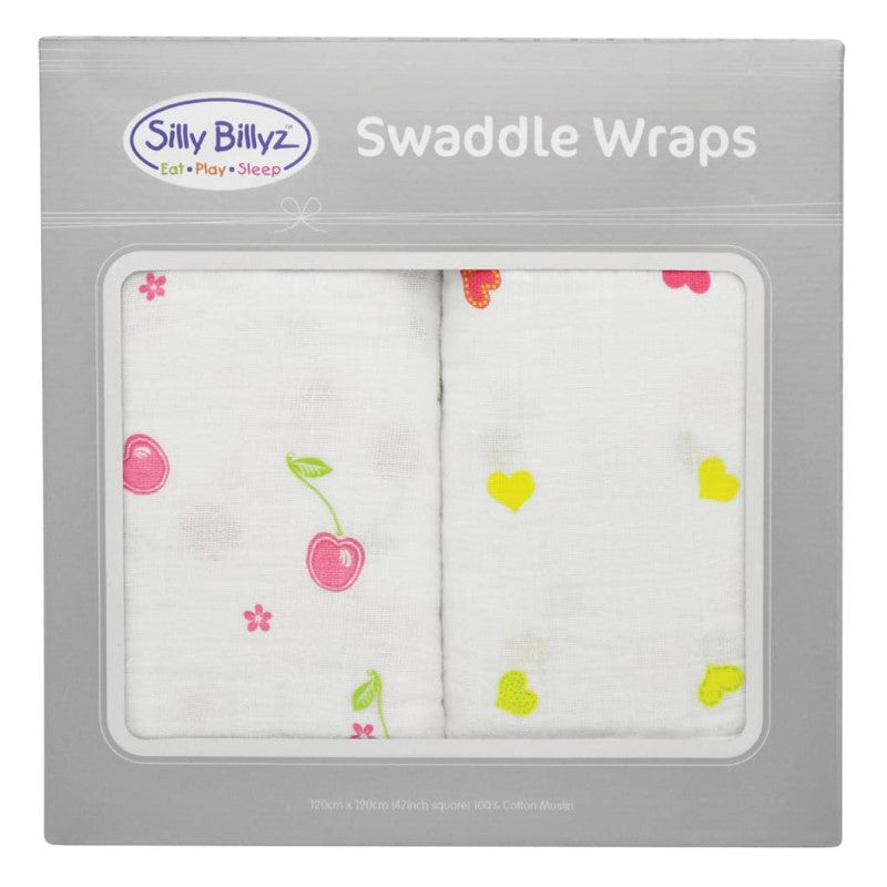 SILLY BILLYZ MUSLIN SWADDLE WRAP 2PK CHERRY DELIGHT