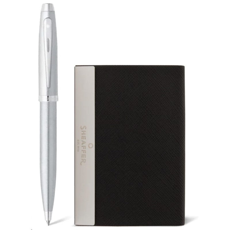 SHEAFFER 100 BRUSHED CHROME NICKEL PT BALLPOINT PEN BUSINESS CARD HOLDER