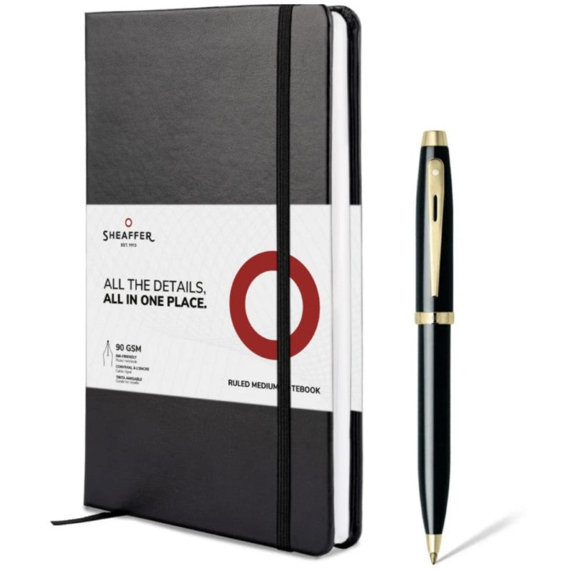 SHEAFFER 100 GLOSSY BLACK GOLD TRIM BALLPOINT PEN +A5 NOTEBOOK