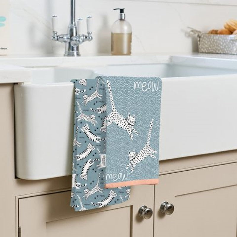 Dexam Meow Recycled Cotton Set Of 2 Tea Towels - Blue