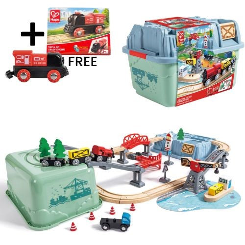 Hape Railway Bucket Harbor Set - PLUS E8768 Tap & Go Train Engine