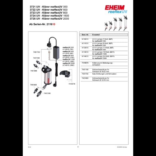 Aquatic UV Sterilizer Eheim UVC Lamp (4 pin) for Reeflex 1500