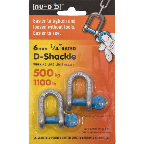 NU-D D Shackle Easy Tighten/Loosen Galvanised Tested 500Kg 6mm Twin Pack