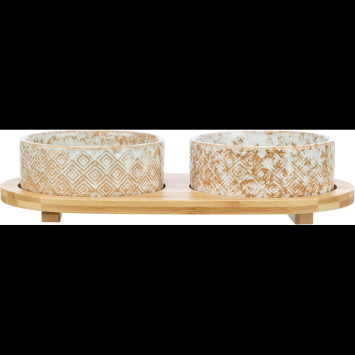 Dog Bowl Ceramic Bowls with Bamboo Stand - 16cm x 2