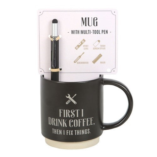 First I Drink Coffee Ceramic Mug with Metal Multi-tool