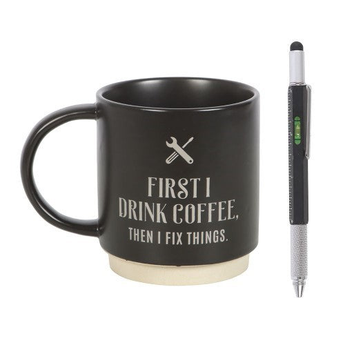 First I Drink Coffee Ceramic Mug with Metal Multi-tool