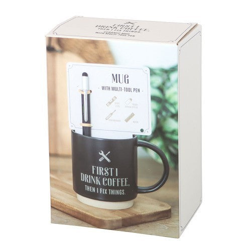 First I Drink Coffee Ceramic Mug with Metal Multi-tool