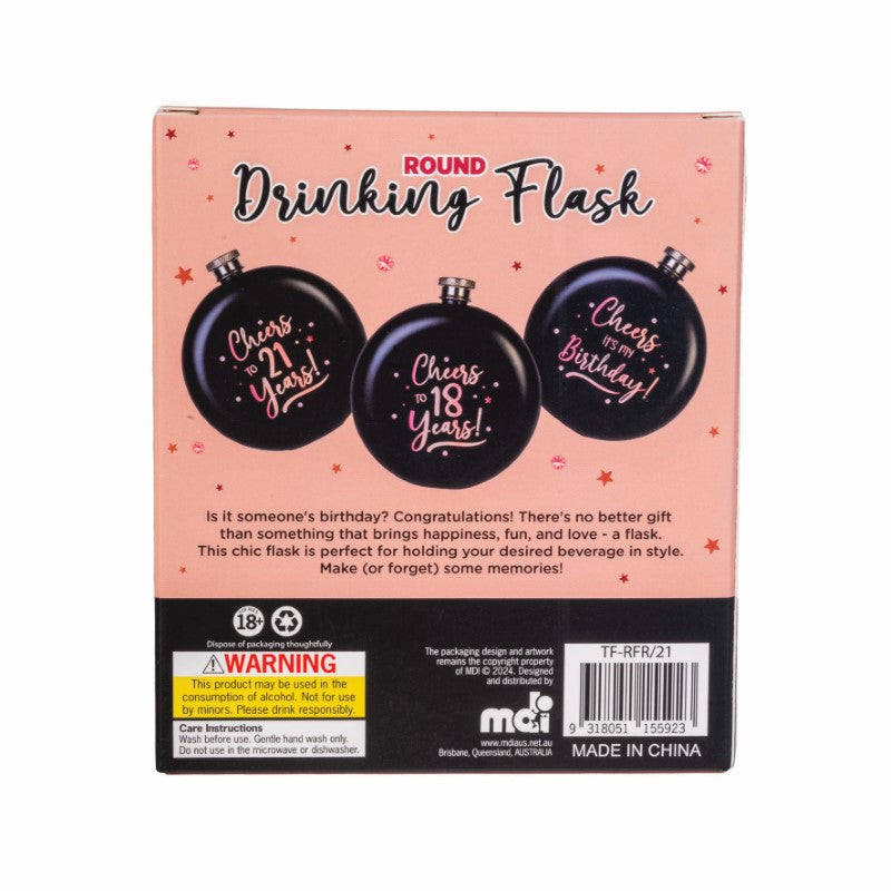 Round Flask - Rose Gold Happy 21st Birthday (10 x 10 x 16cm)