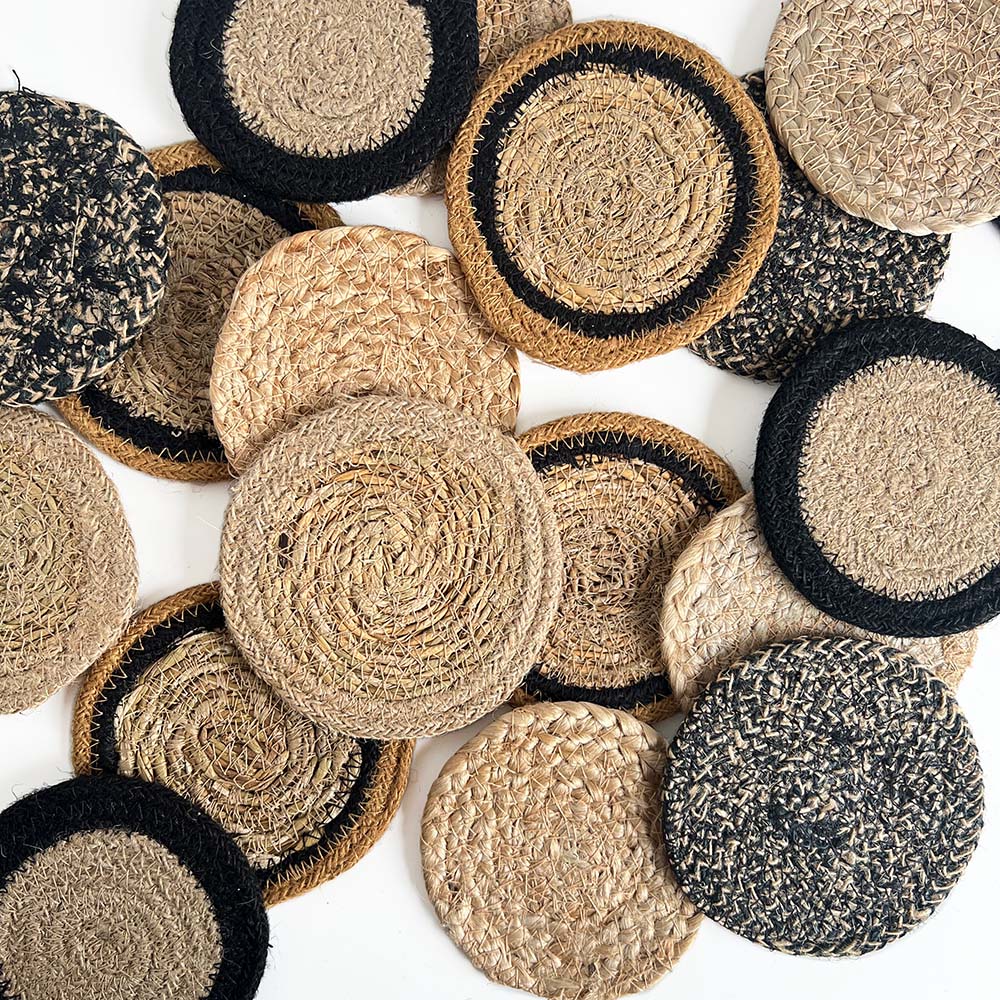 SEAGRASS / JUTE ROUND COASTER SET 4 BLACK /NATURAL