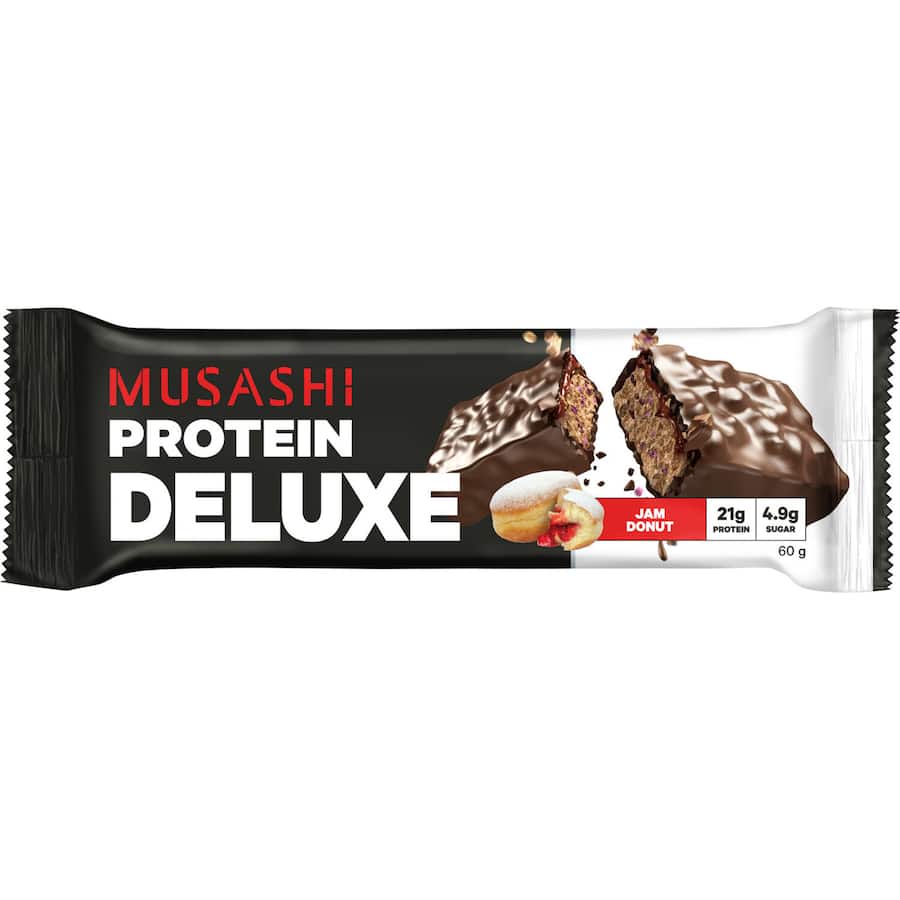 Musashi Deluxe Protein Bar Jam Donut, 60g bar with 20g protein, milk chocolate coating, fudge center, and fruit jam layer.