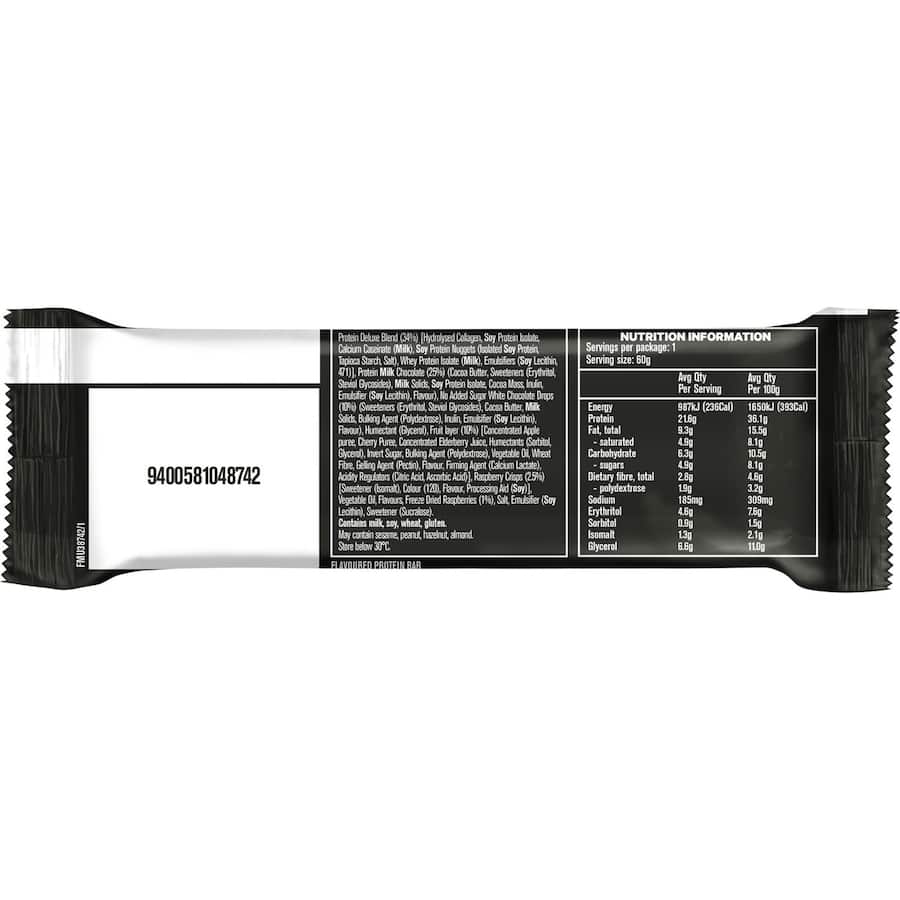 Musashi Deluxe Protein Bar Jam Donut: 60g bar with 20g protein, milk chocolate coating, fudge center, and fruit jam layer.