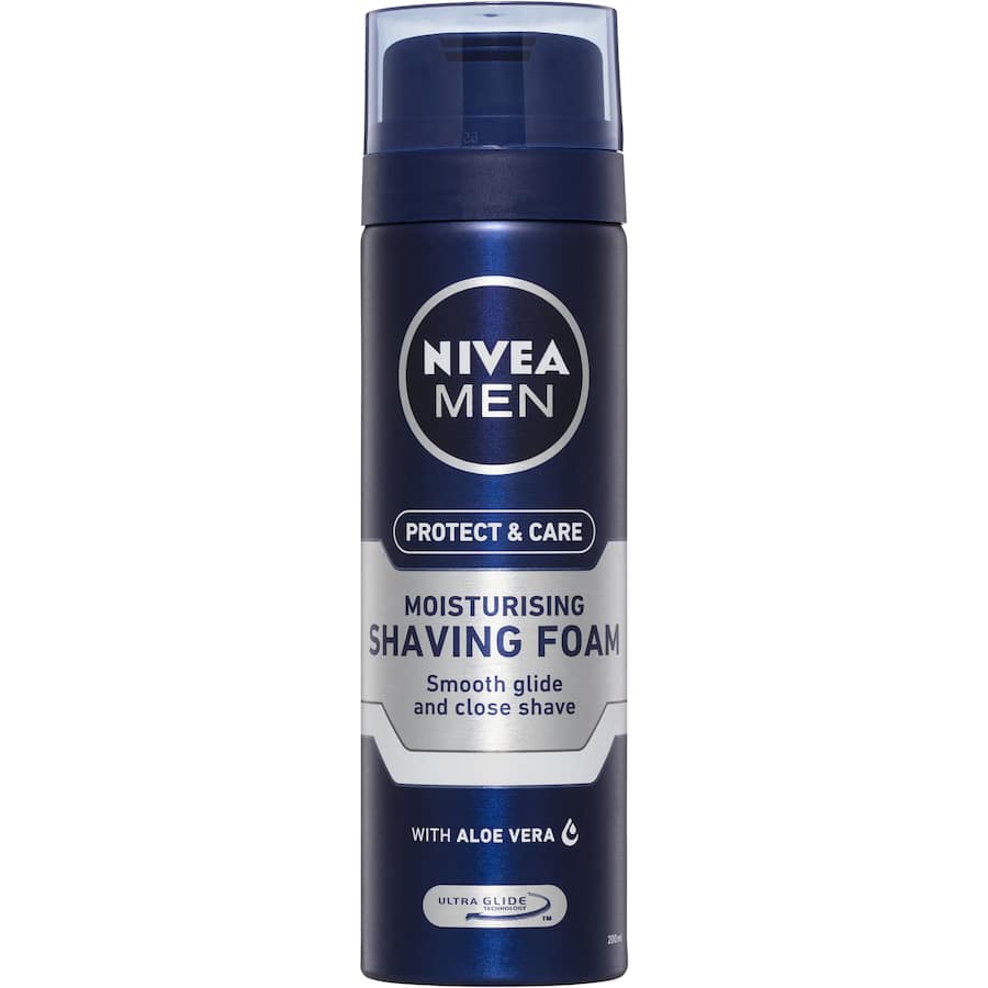 Nivea Men Moisturising Shaving Foam with Aloe Vera bottle, offering hydration and protection for a comfortable shave.