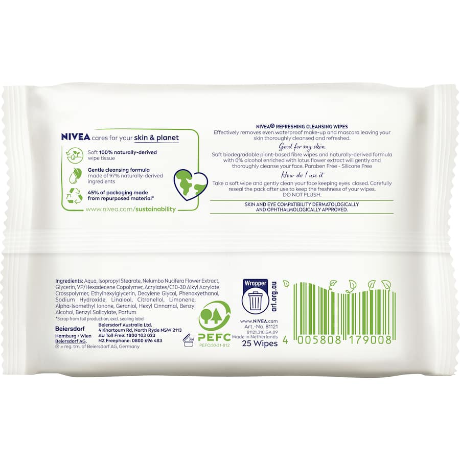 Nivea Visage Cleansing Wipes with Lotus Flower extract, biodegradable, for easy makeup removal and refreshing skincare on-the-go.