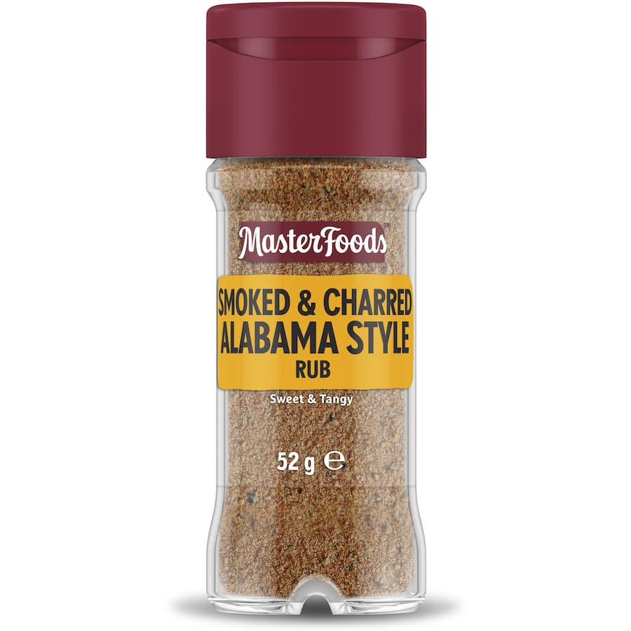 Masterfoods BBQ Rub Smoked Charred Alabama Style: Sweet and tangy blend with garlic and paprika for grilling meats and veggies.