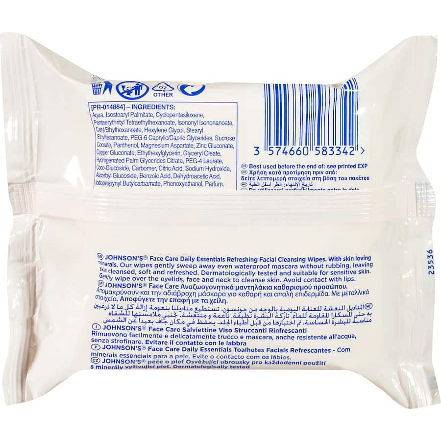 Johnson's Facial Wipes 3 In 1: Gentle cleansing wipes for normal skin, removing makeup while refreshing and hydrating.