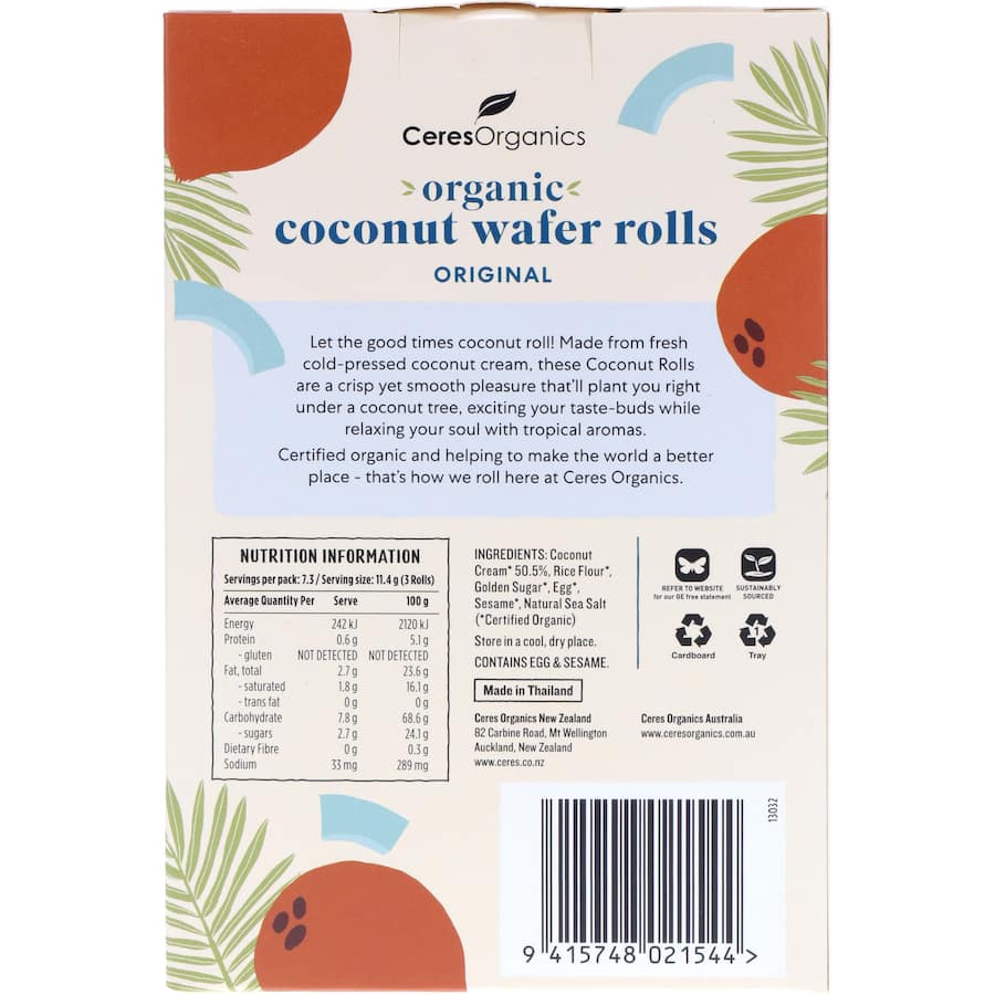 Ceres Organics Coconut Wafer Rolls Original 80g 22pack