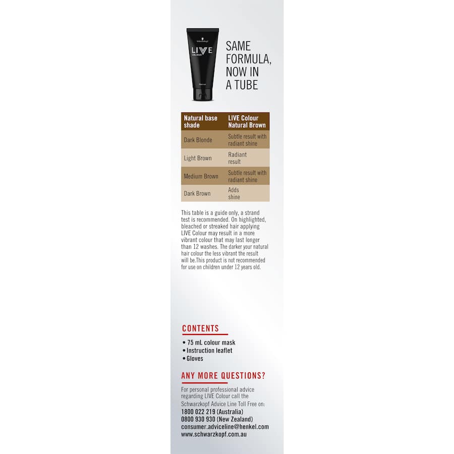 Ammonia-free Live Colour Hair Colour in Natural Brown offers vibrant, glossy color while nourishing and protecting hair.